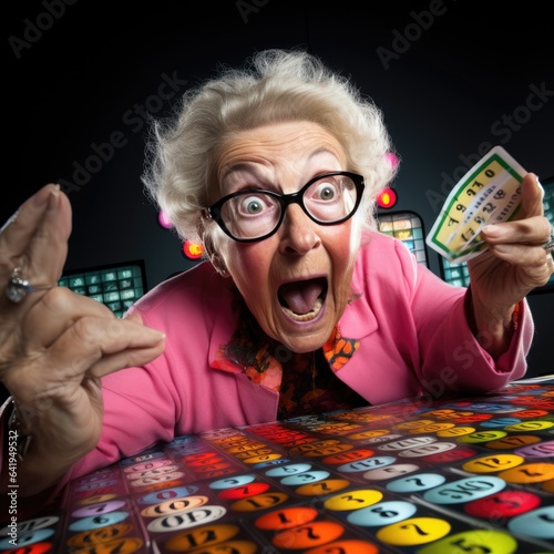 Surprised elderly woman on bingo or lottery. Generative AI