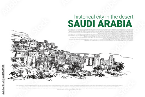 Historical  city in the desert, Saudi Arabia Vector Illustration. 