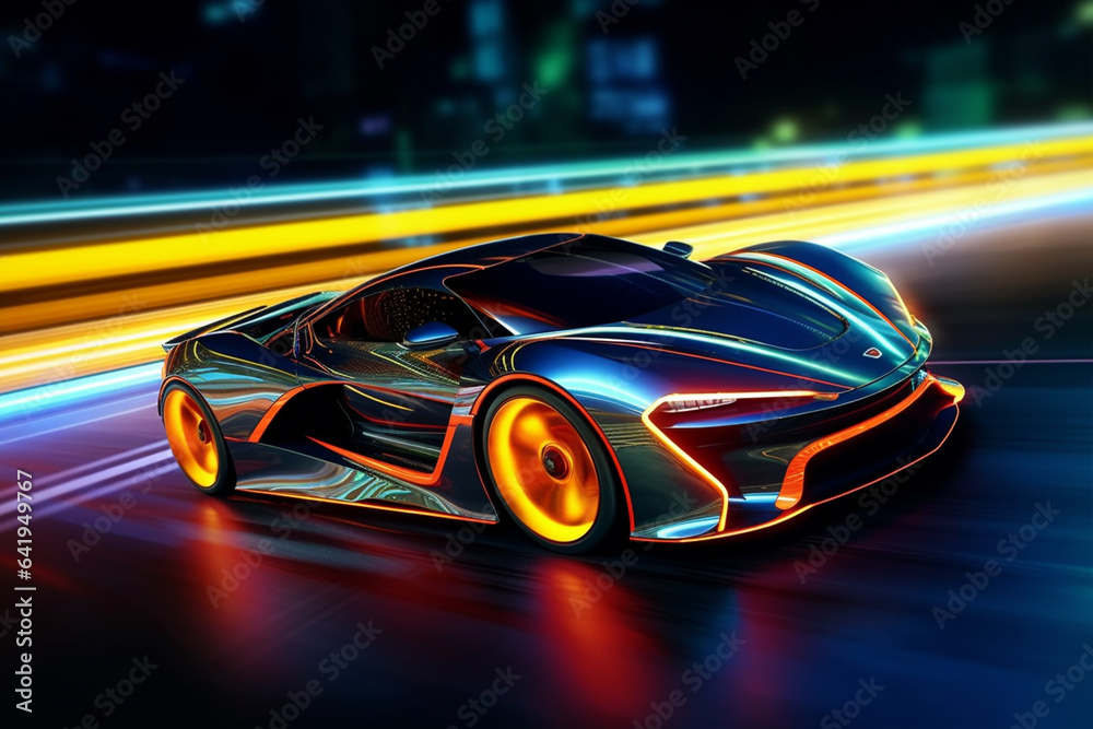 Futuristic sports car on the road at night. 3d rendering