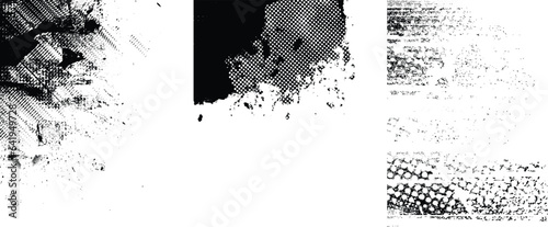 Glitch distorted grungy isolated layers . Design element for brochure, social media, posters, flyers. Overlay texture.Textured banner with Distress effect .Vector halftone dots . Screen print texture