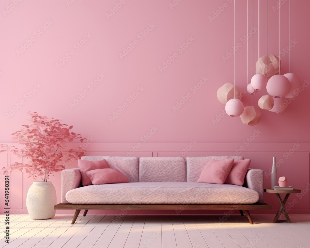 Fototapeta premium A pink loveseat, cushioned by colorful pillows and adorned with a vibrant vase of flowers, brings an energetic, inviting touch to the otherwise plain walls and floor of the room