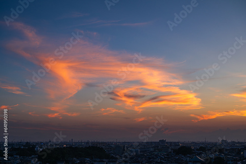 地平線に浮かぶ夕焼けの巻雲