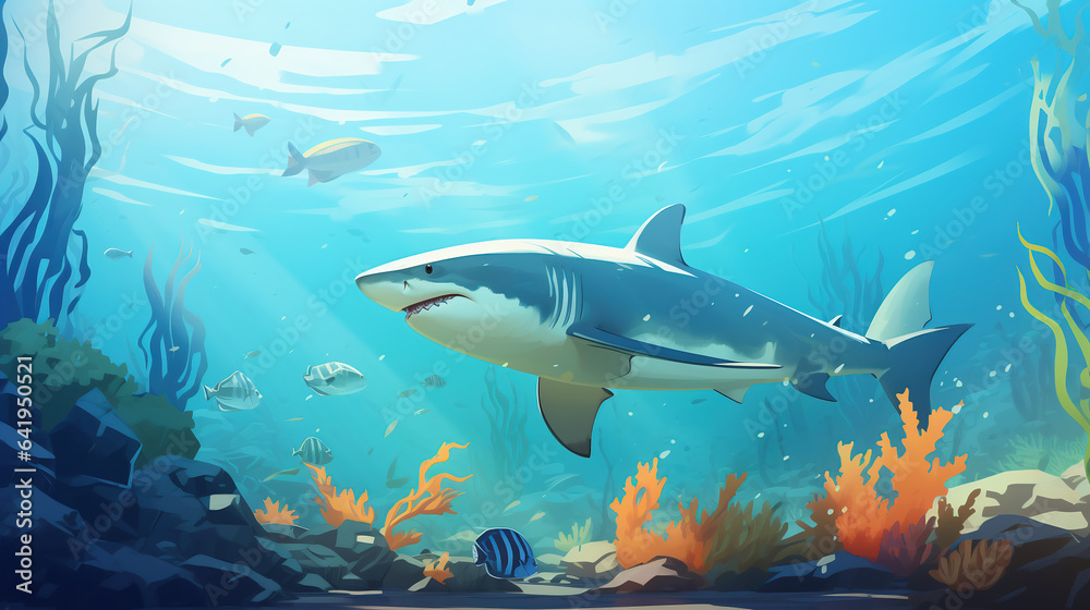 Obraz premium shark in the sea, wallpaper, landscape, vector, art, animal