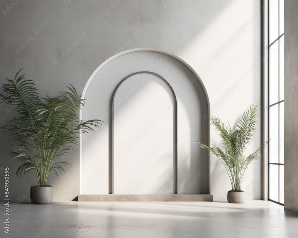 Fototapeta premium The stark white wall and arch provide a stunning backdrop for the vibrant houseplants, creating a lively contrast that invites viewers to explore the beauty of nature indoors
