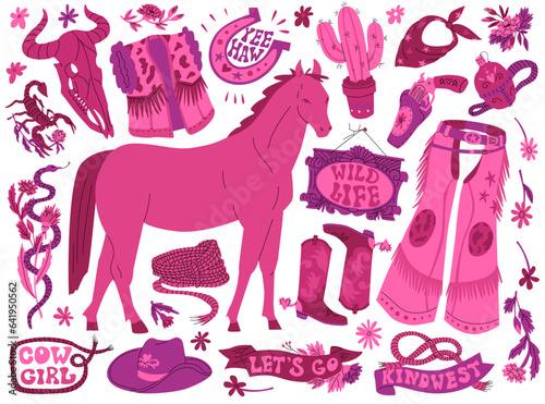 Set on the theme of women in the wild west. Cowgirl accessories and attributes. Bright pink shades and fashionable style. Barbiecore and lettering. Vector illustration isolated on a dark background. photo