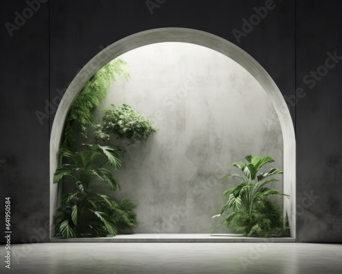 A tall, leafy tree stretches its branches through the stone arch of an outdoor building, its roots firmly entrenched in the wall and ground beneath photo