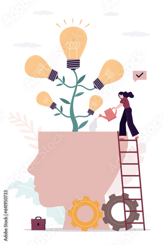 Creative businesswoman or business coach growing tree of ideas in human head. Venture fund invests in successful projects. Mentor help with brainstorming, pitching ideas.