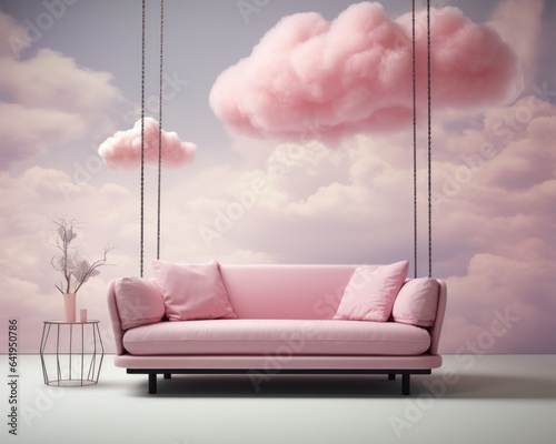 A tranquil sky and billowing clouds provide the backdrop for a cozy indoor scene, where a pink couch surrounded by furniture and adorned with vibrant flowers creates a soothing yet vibrant atmosphere