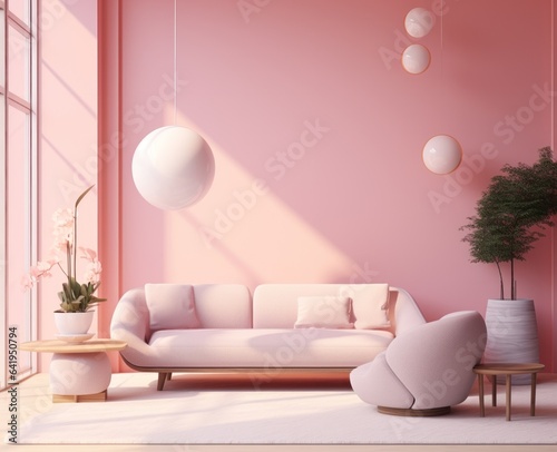 A pink living room with a cozy couch  vibrant houseplant  and tasteful decor invites guests to relax and enjoy the beauty of nature inside the home