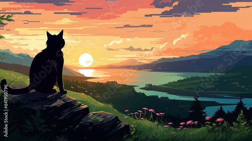 cat in the sunset, wallpaper, landscape, vector, art, animal, novel