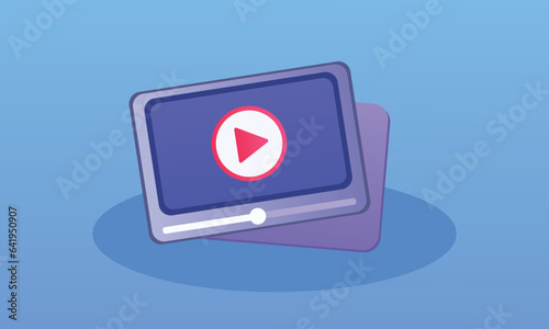 Social media plays video. Red round play button for starting multimedia.on blue background.Vector Design Illustration.