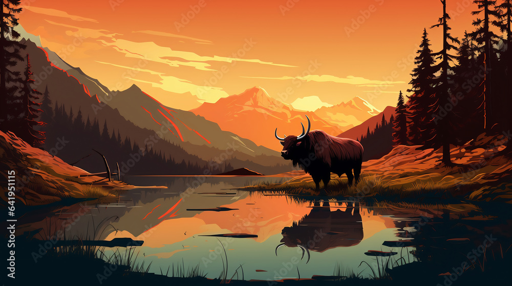 sunset in the mountains, swamp, bull in the desert, wallpaper, landscape, vector, art, animal