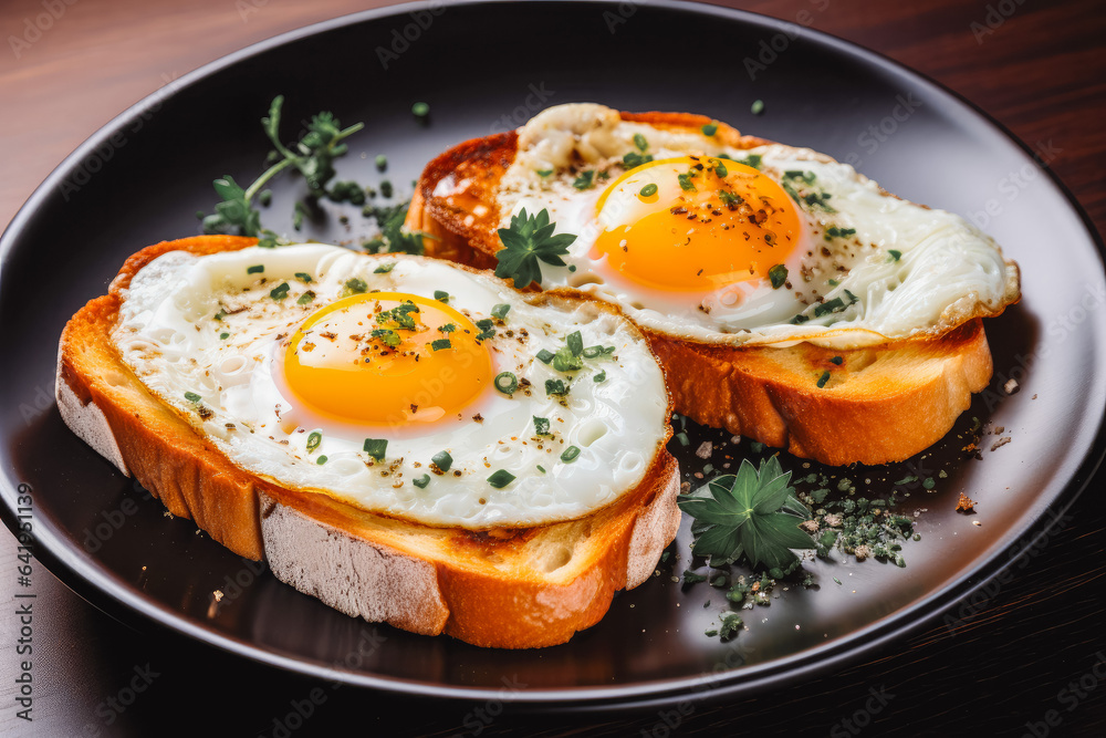 A plate with two delicious fried eggs on fresh bread.