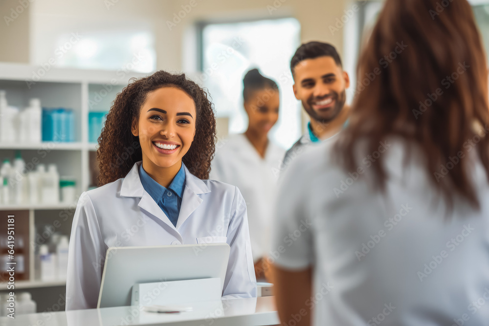 Fototapeta premium A smiling clinic secretary welcomes a client at the counter.