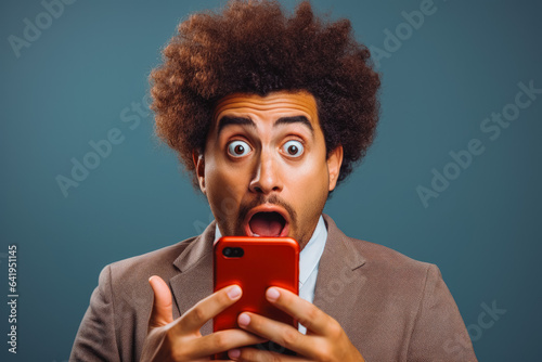 A man with a shocked face holding his phone. Getting shocking news or text message.