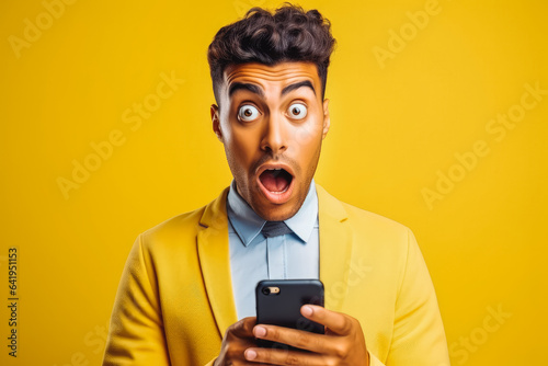 A man with a shocked face holding his phone. Getting shocking news or text message.