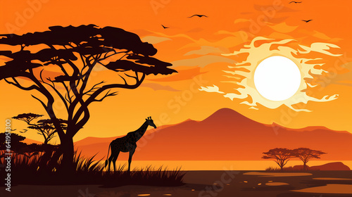 giraffe at sunset, wallpaper, landscape, vector, art, animal
