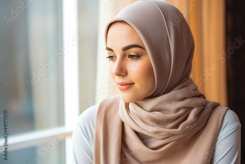 Beautiful young woman putting on hijab at home. Smiling young woman with hijab. © Katrin Kovac