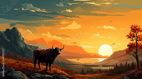 sunset in the mountains, swamp, bull in the desert, wallpaper, landscape, vector, art, animal