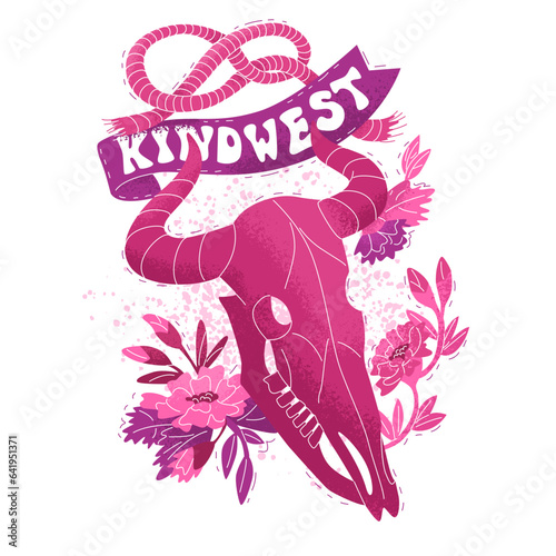 An elegant tattoo depicting a cow skull in flowers. Phrase in English kind West surrounded by a knotted rope. Barbiecore and lettering. Vector illustration isolated on a dark background.