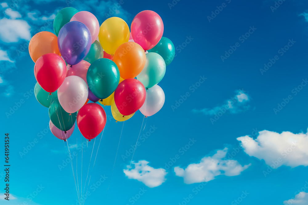 Colorful balloons floating on blue sky background. Happy birthday or celebration balloons.
