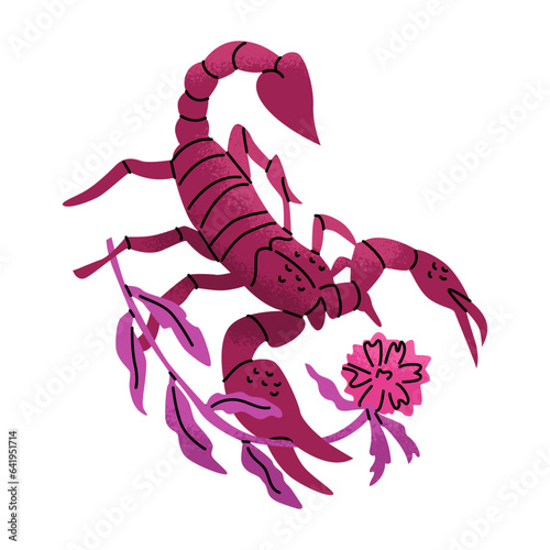 A beautiful scorpion with a heart-shaped sting. Holds a flower in a claw. Dangerous animals of the wild west. Bright pink shades and fashionable style. Barbiecore tatoo. Vector illustration isolated