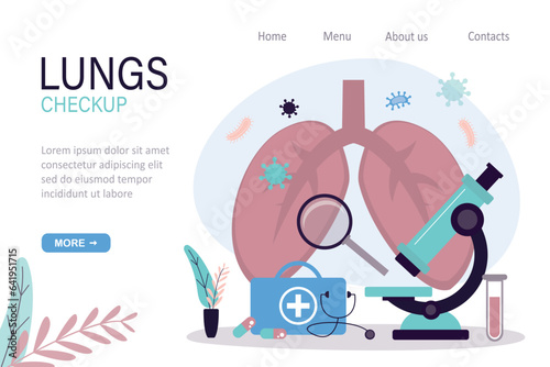 Checkup of lungs and respiratory system, landing page template. Search for harmful bacteria, germs and pathogens. Magnifying glass, microscope examines lungs.