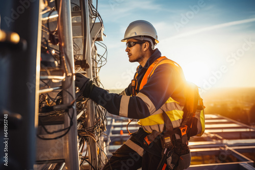 A technician perched on a 5G telecommunications tower fixing an issue. Sunrise or sunset.