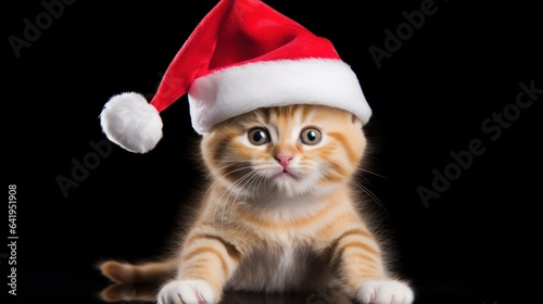 kitten in santa claus hat isolated on black