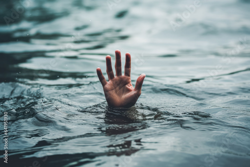 A desperate hand in the water looking for help. Person under water waving for help.