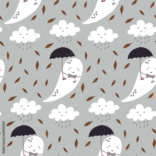 Seamless pattern cute ghost with umbrella