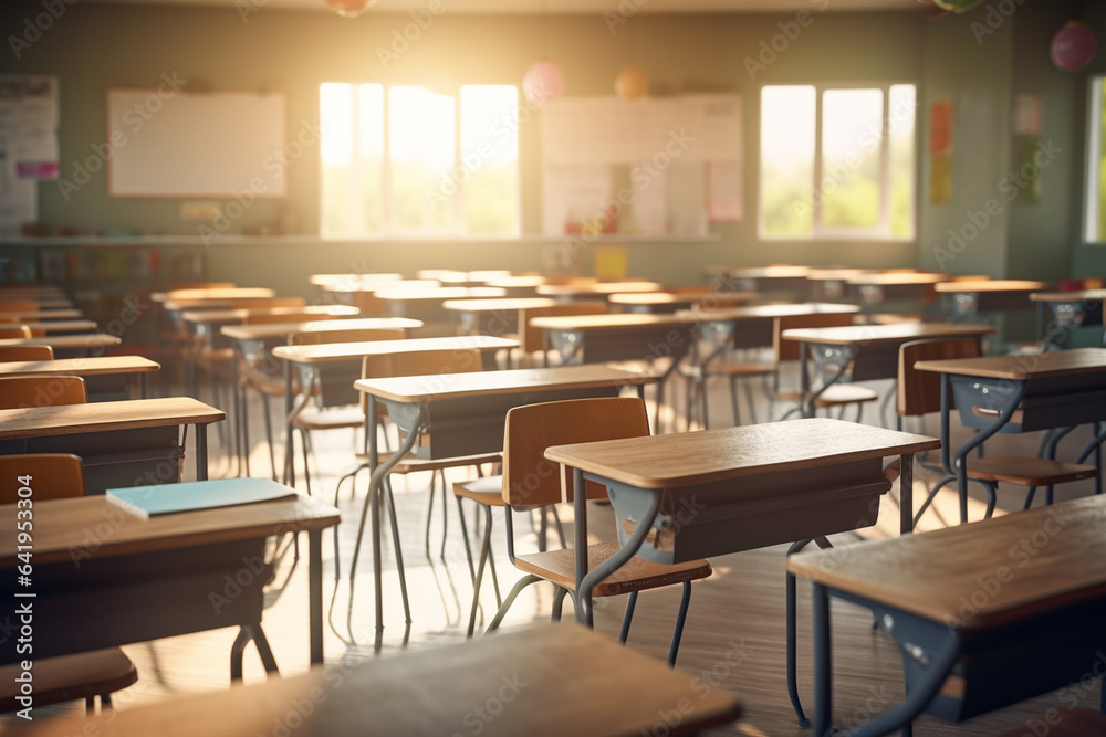 Empty chairs and tables in a school classroom with sunlight in the morning