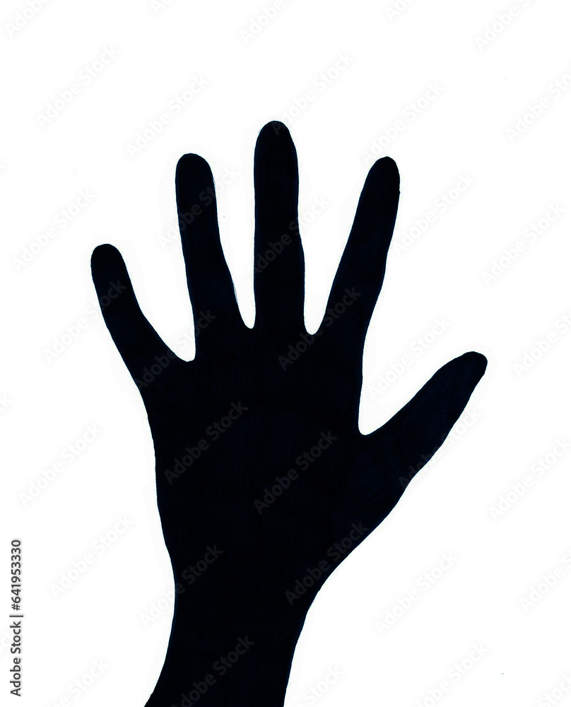 Obraz premium Silhouette of a hand in black on a white background. Thin wrist, delicate fingers. Left hand.