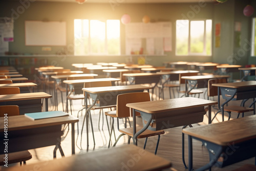 Empty chairs and tables in a school classroom with sunlight in the morning