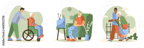 Young medical worker helping to elderly woman on wheelchair. American male helping old lady to walk. Care of elderly people concept. Flat vector illustration in green colors