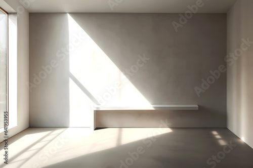 Creative interior minimal concept. Abstract large beige textured light room wall with interesting light shadow from window and long shelf. Template for product presentation. Mock up 3D rendering 