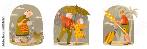 Set of happy people spending time outside. Old woman feeding chickens. Man and woman dancing in rain under umbrella. Male coming with trolley bag come to beach. Vector flat illustration