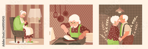 Old lady sitting in armchair and knitting. Grandmother cooking on kitchen. Concept of housekeeping and retirement. Happy old age. Vector flat illustration in brown and green colors