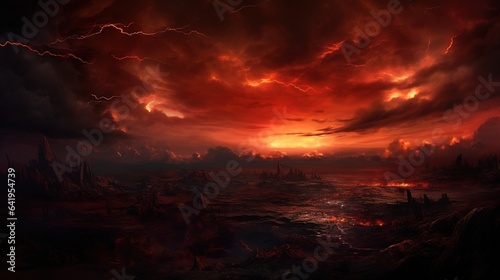 Post-apocalyptic image of an orange sunset over colorful clouds © DZMITRY
