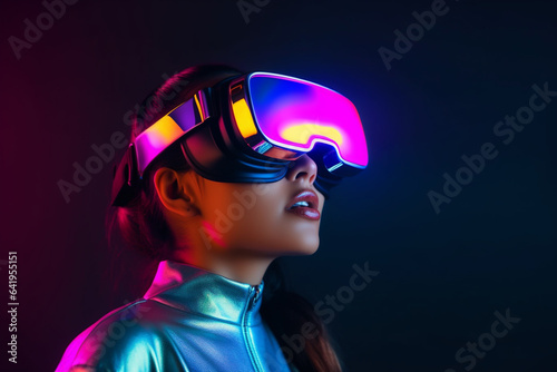 Portrait of a beautiful young woman in virtual reality glasses on a dark background. © Creative
