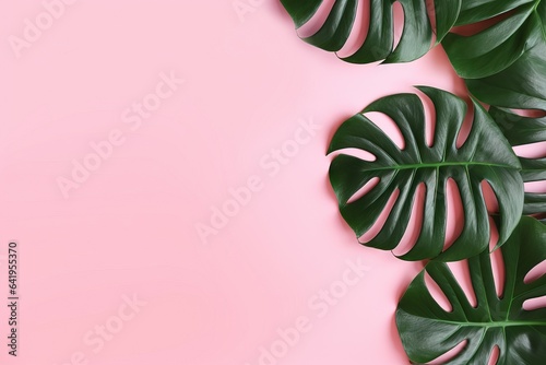fashion monstera spa pink composition banner banner lay exotic leaves view background beach Flat space Summer palm view concept jungle top copy pink top leaf trop monstera Green plant background