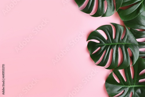 fashion monstera spa pink composition banner banner lay exotic leaves view background beach Flat space Summer palm view concept jungle top copy pink top leaf trop monstera Green plant background photo