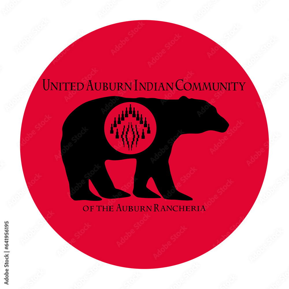 Obraz premium Circle badge United Auburn Indian Community flag vector illustration isolated. Symbol of native people in America. Button Auburn Indian roundel emblem. Reservation Miwok UAIC tribe in California, USA.