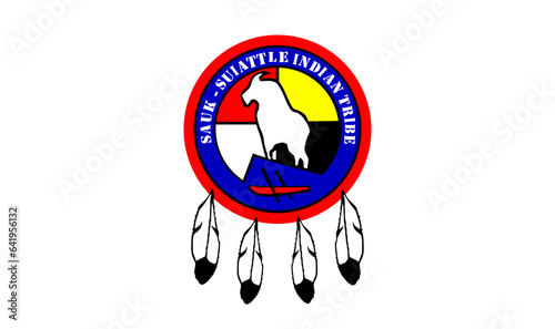 Circle badge Indian flag Sauk Suiattle tribe vector illustration isolated on background. Symbol of native people in America. Button Sauk Suiattle roundel emblem. Reservation banner in United States. 