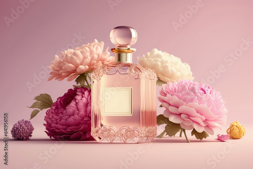 Perfume bottle on pink background with flowers. Summer floral fragrance