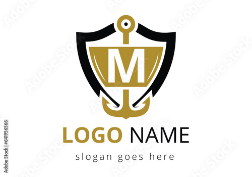 letter M with Anchor Logo Design Template. Marine, Sailing Boat Logo