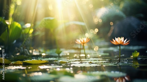 Tropical water lily lotus flowers blossoming, early morning sunshine, nature's beauty - generative AI