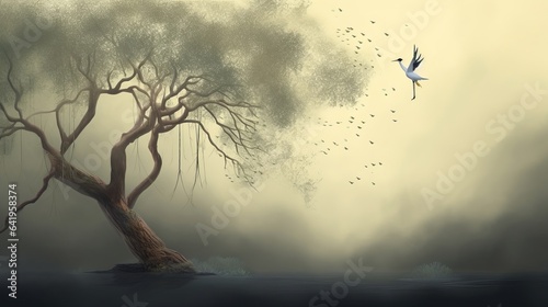 A tree in the fog with a crane flying. For interior printing, Generative AI © Visual Wonders