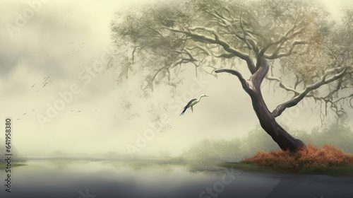 A tree in the fog with a crane flying. For interior printing  Generative AI