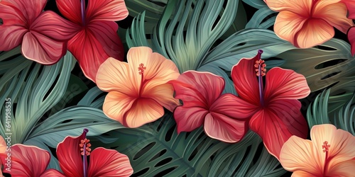 Tropical seamless pattern with hibiscus flowers, beautiful palm, banana leaves. Hand-drawn vintage 3D illustration. Glamorous exotic background art design. Good for luxury wallpapers, Generative AI